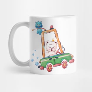 Bear driving a car with an Owl on top Mug